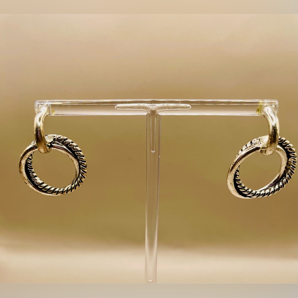 Silver tone small twisted link drop hoop earrings. Pierced. Lightweight